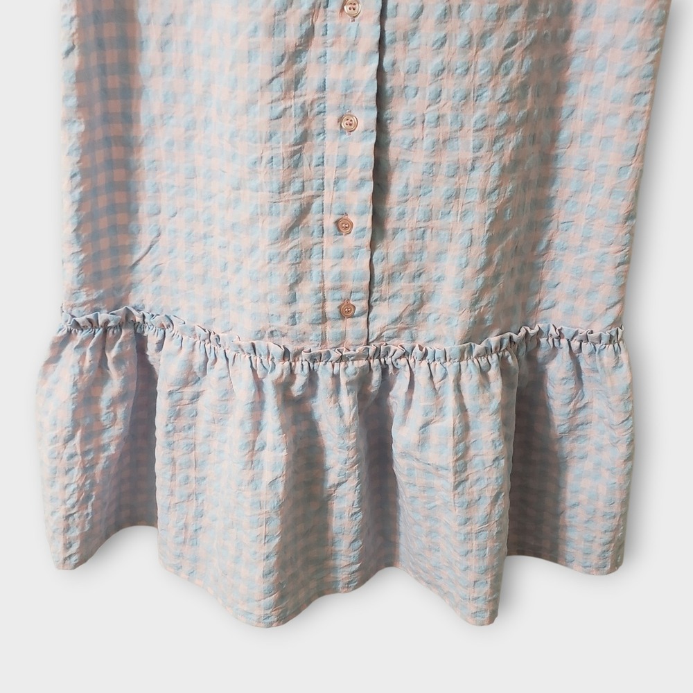 The Shirt Rochelle Behrens Drop Waist Peplum Dress Crinkled Gingham Pink Blue XS - Picture 4 of 11